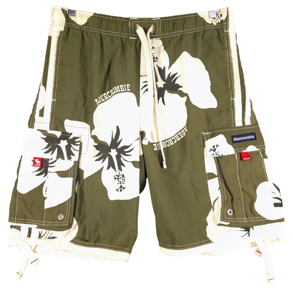 Abercrombie Tugger‎ Floral Swim Trunks Cargo Pockets Drawstring Olive Green M - Picture 1 of 6